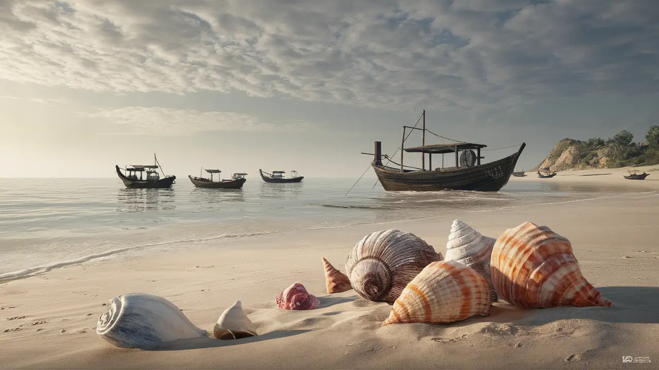 Paisagem de praia com barcos de pesca tradicionais, mar calmo e conchas coloridas na areia ao amanhecer.