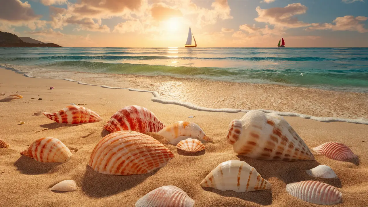 Praia ao entardecer com conchas coloridas na areia e barco à vela ao longe.