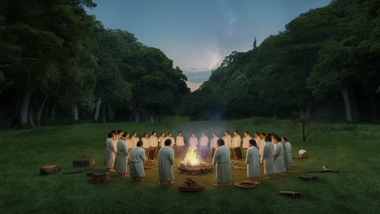 Círculo de pessoas vestidas de branco em uma clareira de floresta ao redor de uma fogueira, sob um céu estrelado.