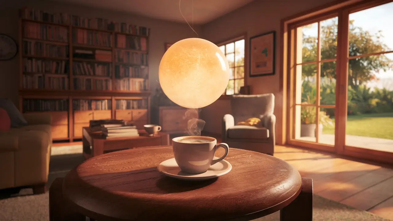 Sala de estar com mesa de madeira, xícara de café e orbe brilhante, estantes de livros e janela com vista para jardim ensolarado.