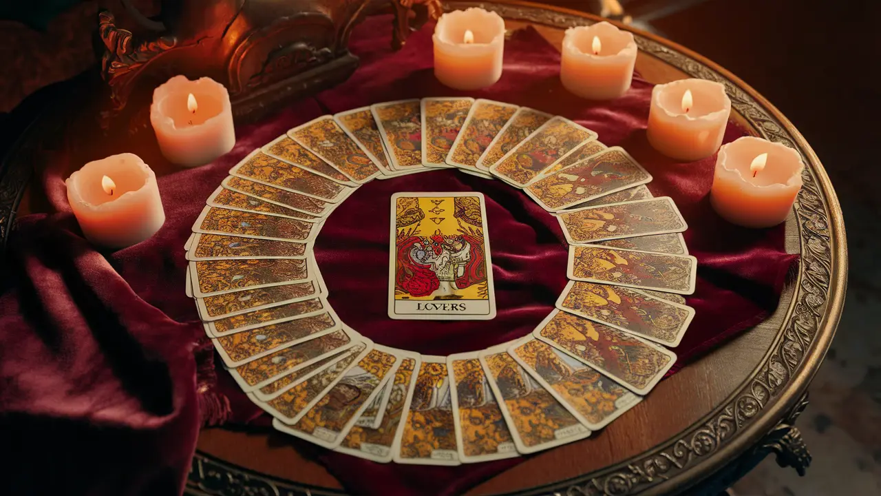 Cartas de tarô sobre mesa de madeira com velas acesas e pano de veludo, destacando a carta dos Amantes no centro.
