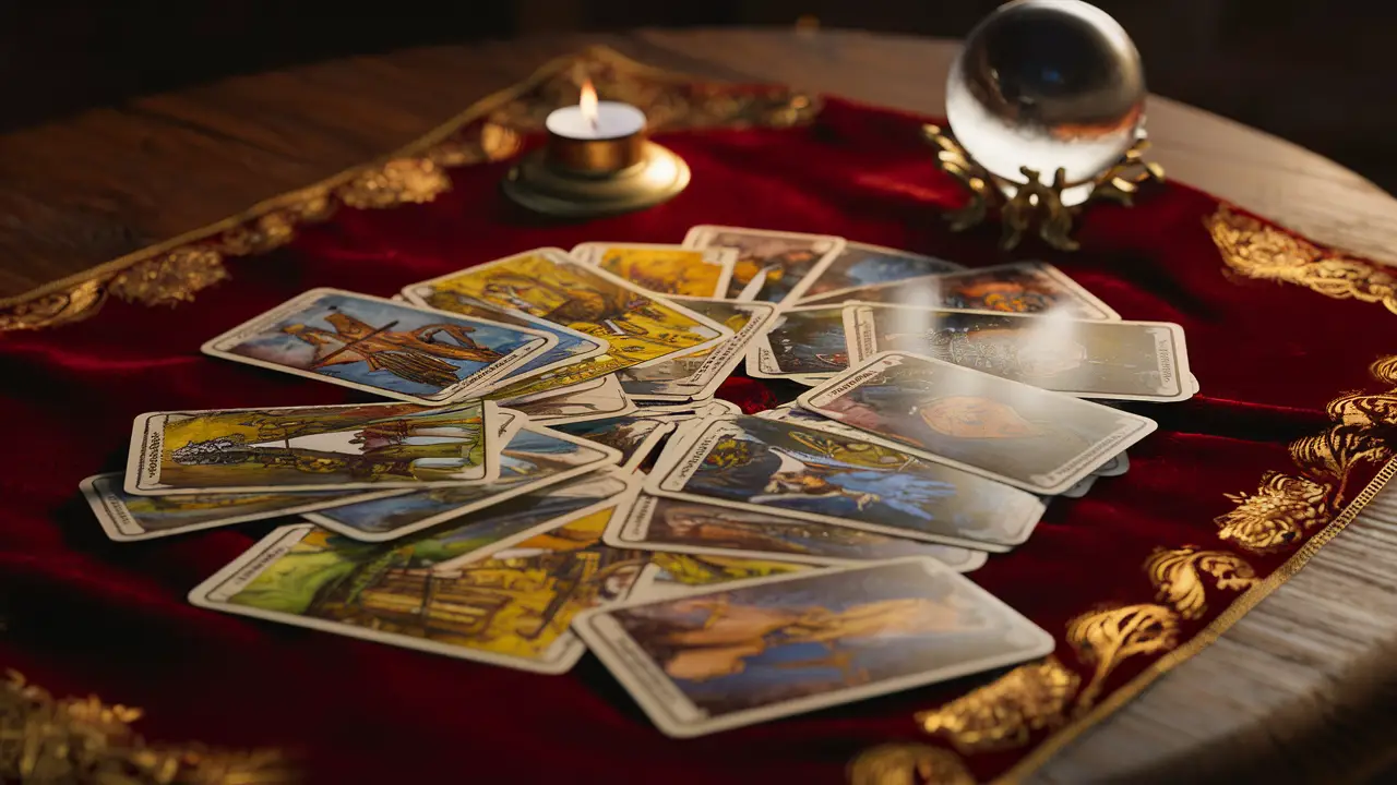 Cartas de tarot coloridas espalhadas sobre mesa de madeira com bola de cristal e vela acesa ao lado.