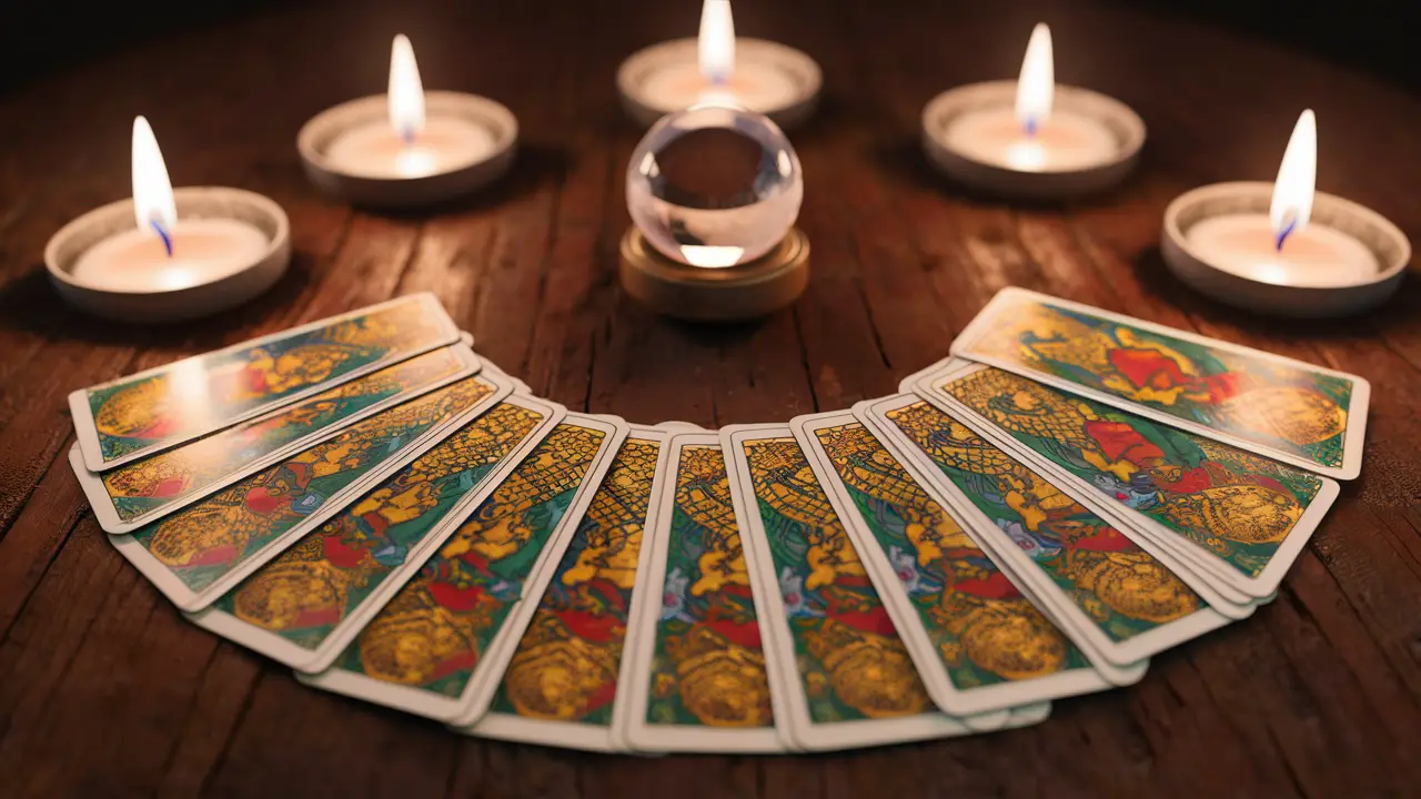 Cartas de Tarot de Marselha dispostas em forma de leque sobre uma mesa, iluminadas por velas acesas ao redor.