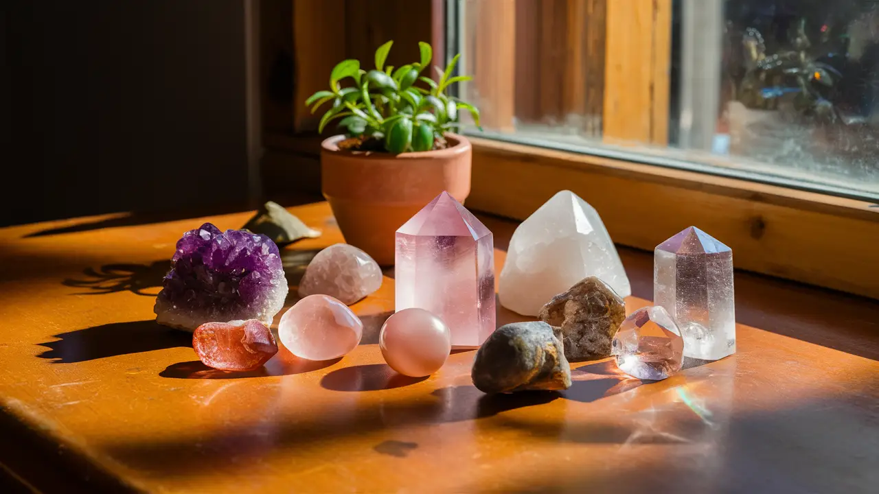 Vários cristais polidos, incluindo ametista, quartzo rosa e quartzo transparente, em uma mesa de madeira com luz solar.