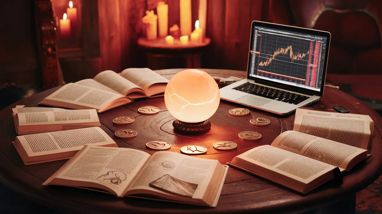 Mesa de madeira com livros de astrologia abertos, laptop com gráfico de ações, bola de cristal e moedas de símbolos do zodíaco.