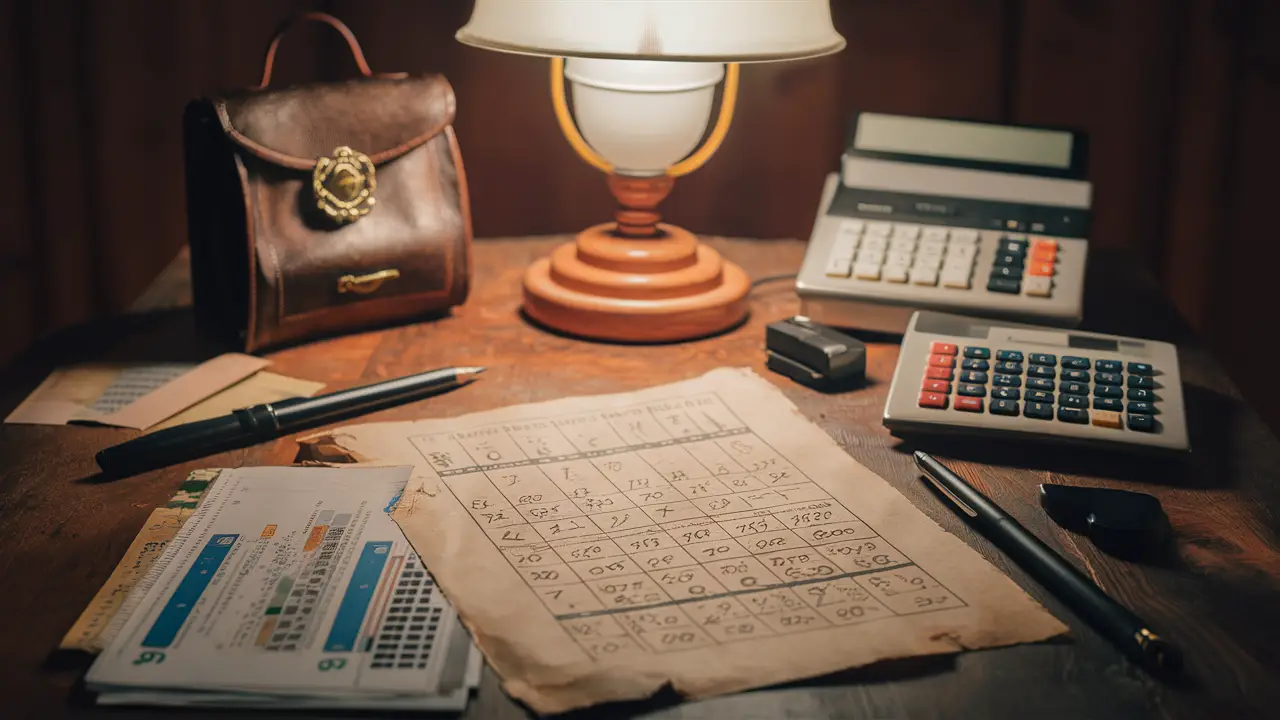 Mesa de madeira com papel numerológico, lápis, calculadora analógica e relógio de bolso sob luz suave de abajur clássico.