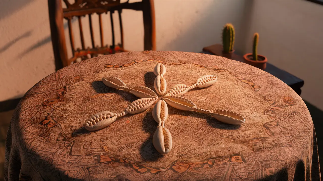 Mesa circular com toalha estampada, quatro búzios em formação cruzada e cadeira de madeira ao fundo.