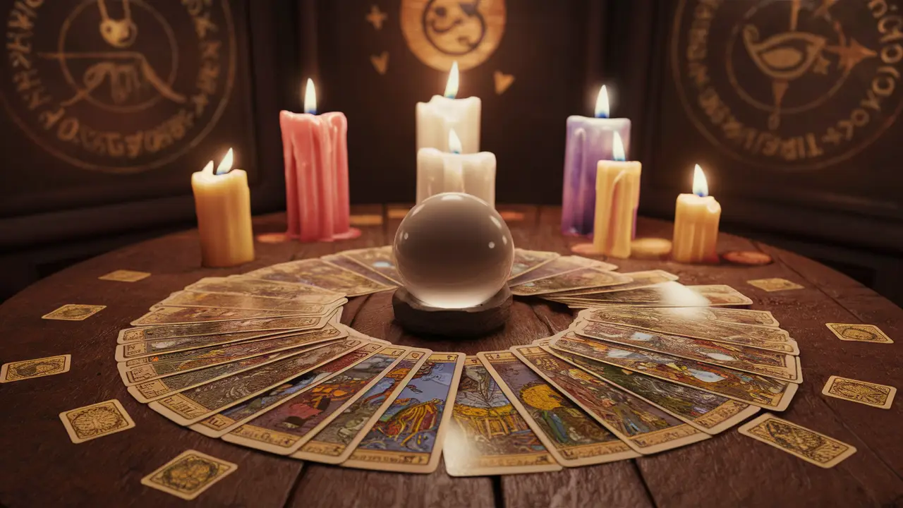 Mesa de madeira com cartas de tarô, bola de cristal e velas acesas em uma sala com símbolos místicos nas paredes.