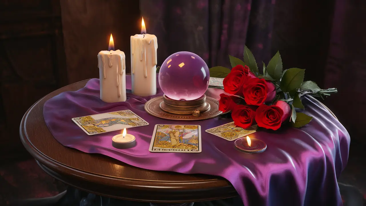 Mesa redonda com toalha de seda roxa, velas brancas acesas, bola de cristal, cartas de tarô e buquê de rosas vermelhas.