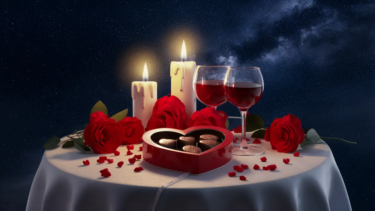 Mesa com toalha branca, velas, rosas vermelhas, caixa de chocolates em forma de coração e duas taças de vinho tinto.