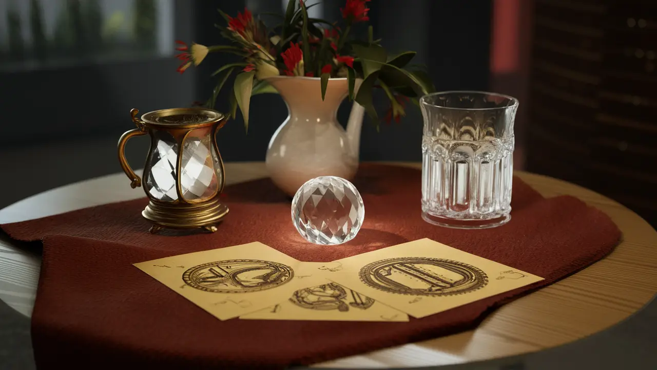 Mesa de madeira com cartas de tarô, vela acesa, cristal e bola de cristal refletindo luz.