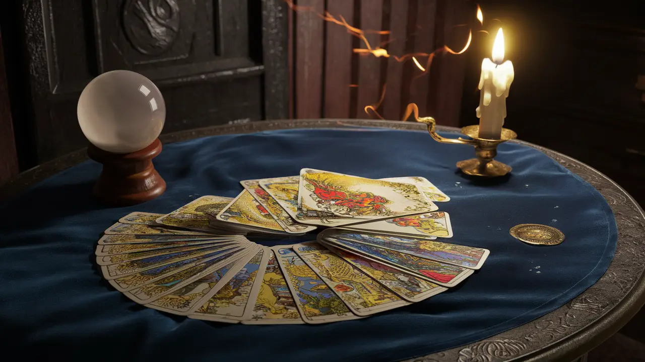 Mesa de tarot com cartas coloridas, bola de cristal e vela acesa em um suporte de latão em sala iluminada suavemente.