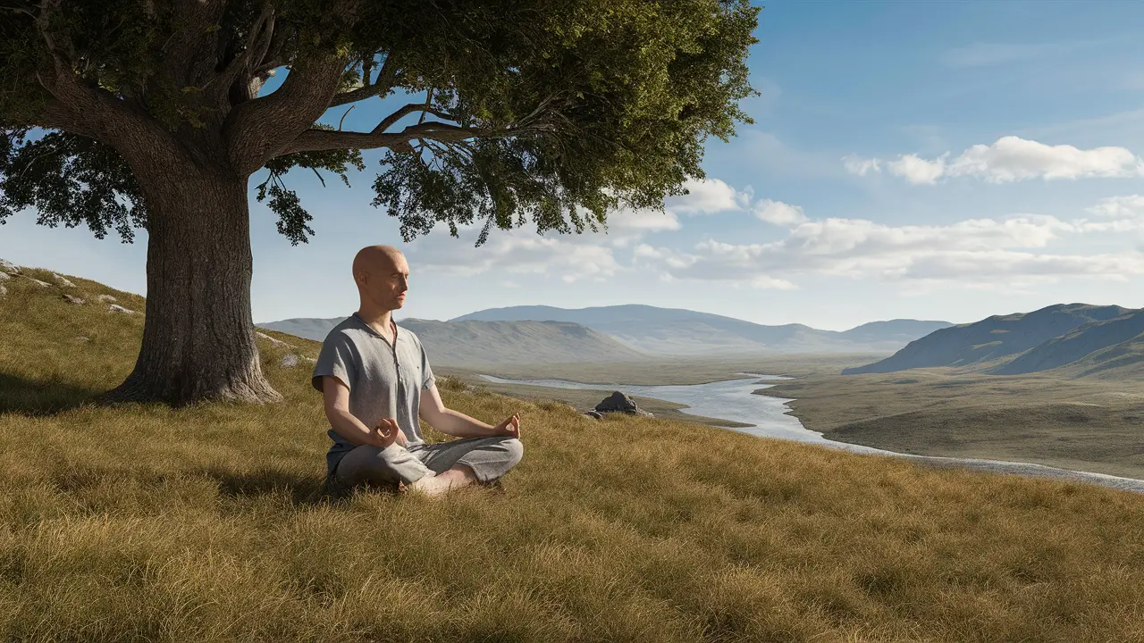 Pessoa meditando em colina gramada com árvore ao lado e montanhas distantes sob céu azul claro.