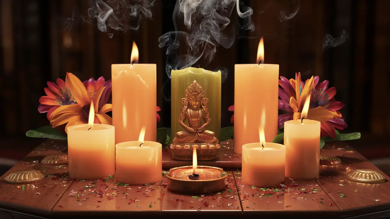 Altar com velas acesas, flores coloridas e uma pequena estátua de divindade no centro, com fumaça de incenso subindo.