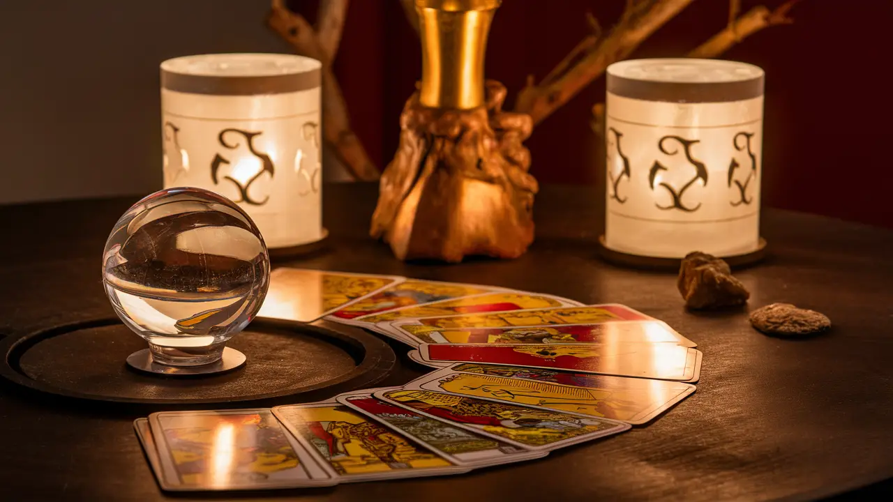 Cartas de tarot coloridas em mesa de madeira com bola de cristal e velas brancas acesas em castiçais dourados.