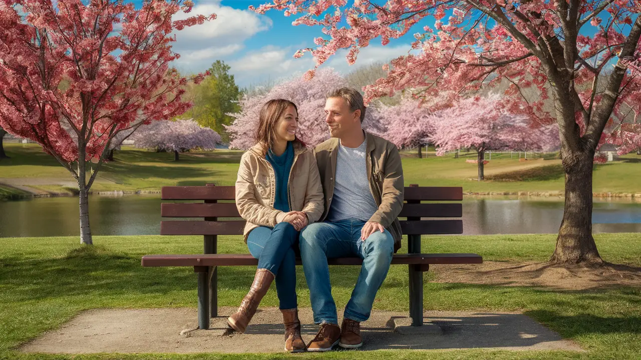 Casal sentado em banco de madeira em parque com cerejeiras floridas e lago ao fundo refletindo flores e céu azul.