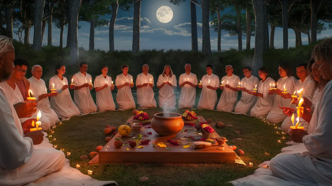 Cerimônia espiritual em clareira florestal com altar de madeira, flores, frutas e pote de barro sob lua cheia.