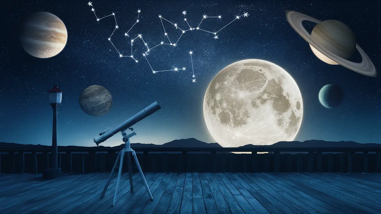 Céu estrelado com constelações, lua brilhante, telescópio em um deque de madeira, planetas visíveis e silhueta de montanhas.