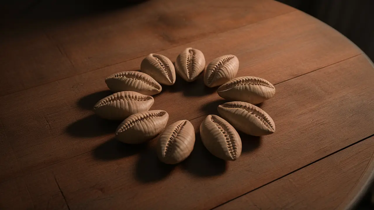 Conchas de búzios esculpidas organizadas em padrão circular em mesa de madeira com iluminação suave.