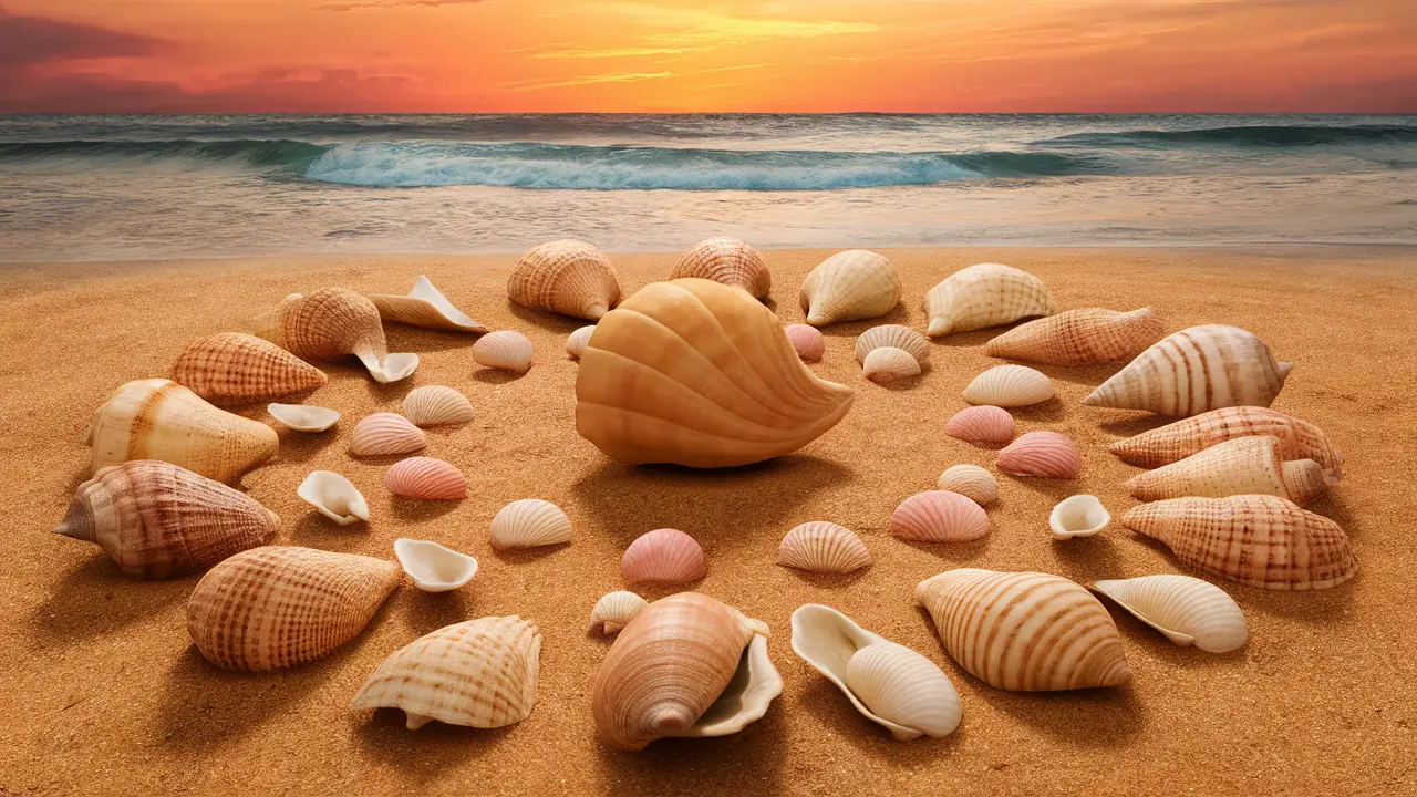 Conchas de tamanhos variados organizadas em círculo na areia da praia ao pôr do sol, com ondas suaves e céu laranja ao fundo.