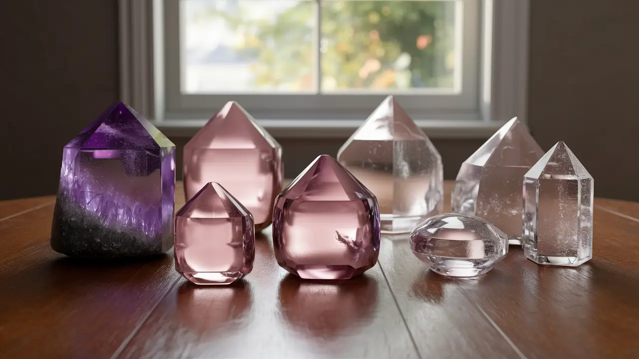 Conjunto de cristais polidos em mesa de madeira, incluindo ametista, quartzo rosa e quartzo transparente iluminados pela luz natural.