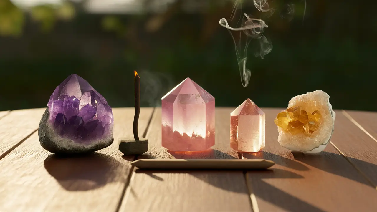 Amethyst, rose quartz, and citrine crystals on a wooden table with incense smoke gently rising.