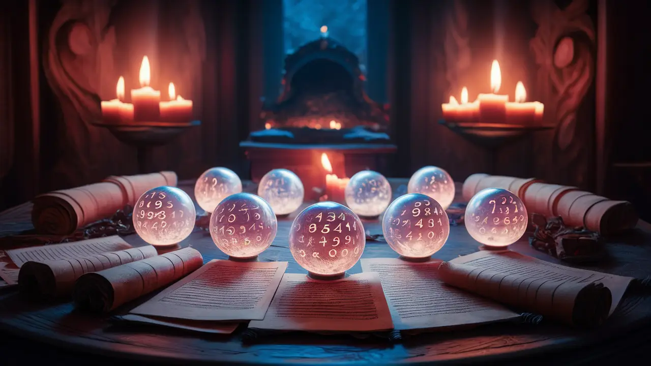 Esferas de cristal com números brilhando em azul e roxo sobre mesa de madeira ornamentada.