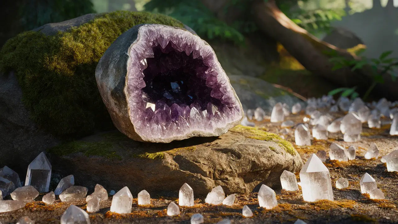 Geodo de ametista grande em floresta com cristais de quartzo claro ao redor e luz do sol filtrada pelas árvores.