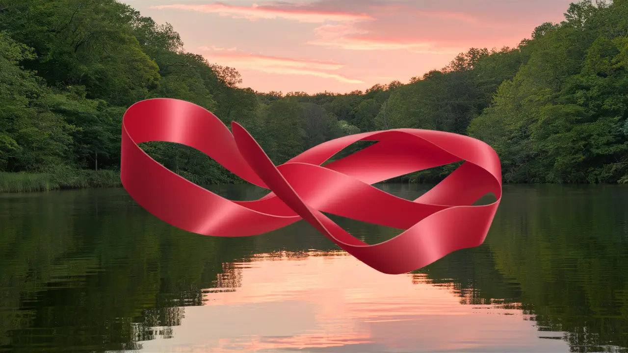 Dois laços de seda vermelhos entrelaçados flutuando sobre um lago ao pôr do sol, cercado por árvores verdes.