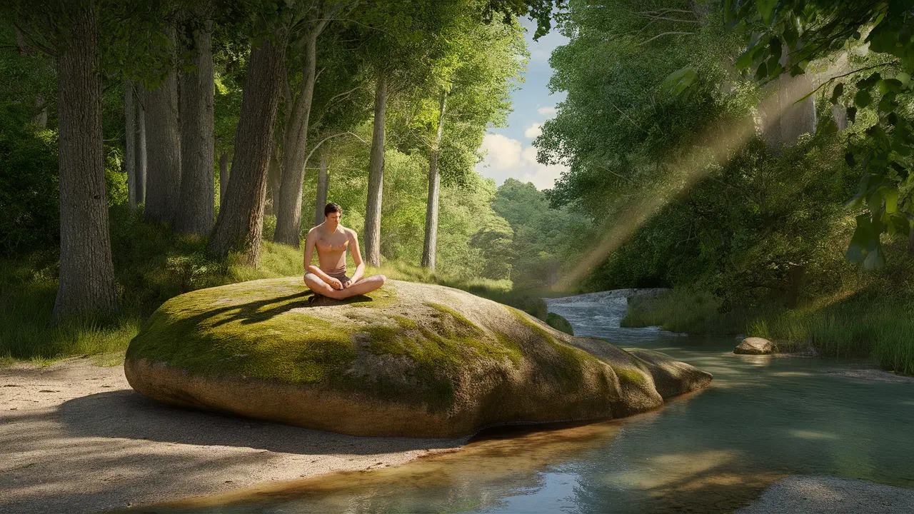 Figura solitária meditando em uma rocha coberta de musgo em uma floresta serena com árvores altas e um riacho ao fundo.