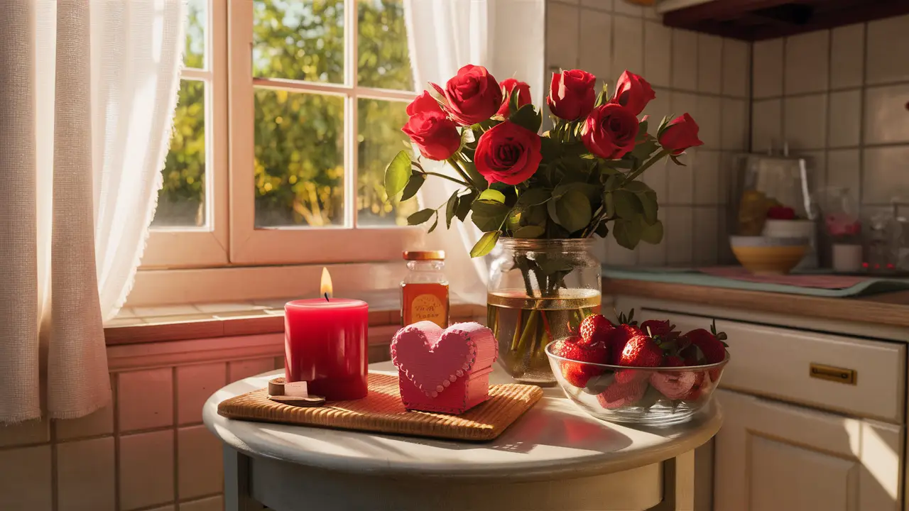 Vela vermelha, caixa em forma de coração e pote de mel em mesa de madeira com rosas vermelhas e morangos maduros ao sol.