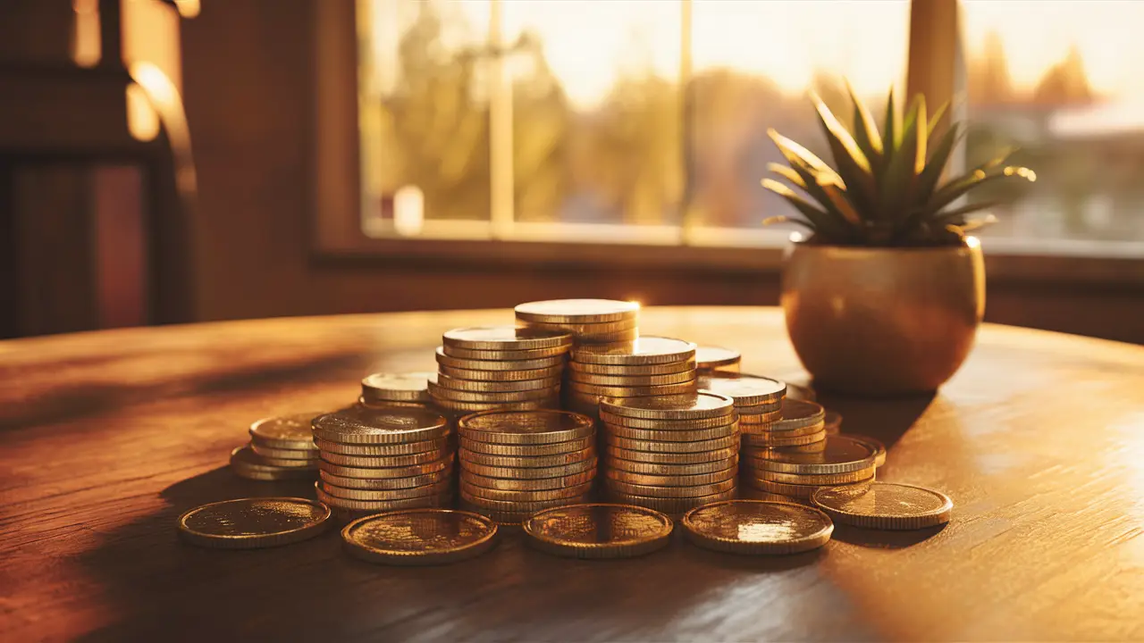 Moedas de ouro empilhadas em uma mesa de madeira ao lado de um pequeno vaso de planta, sob luz solar.