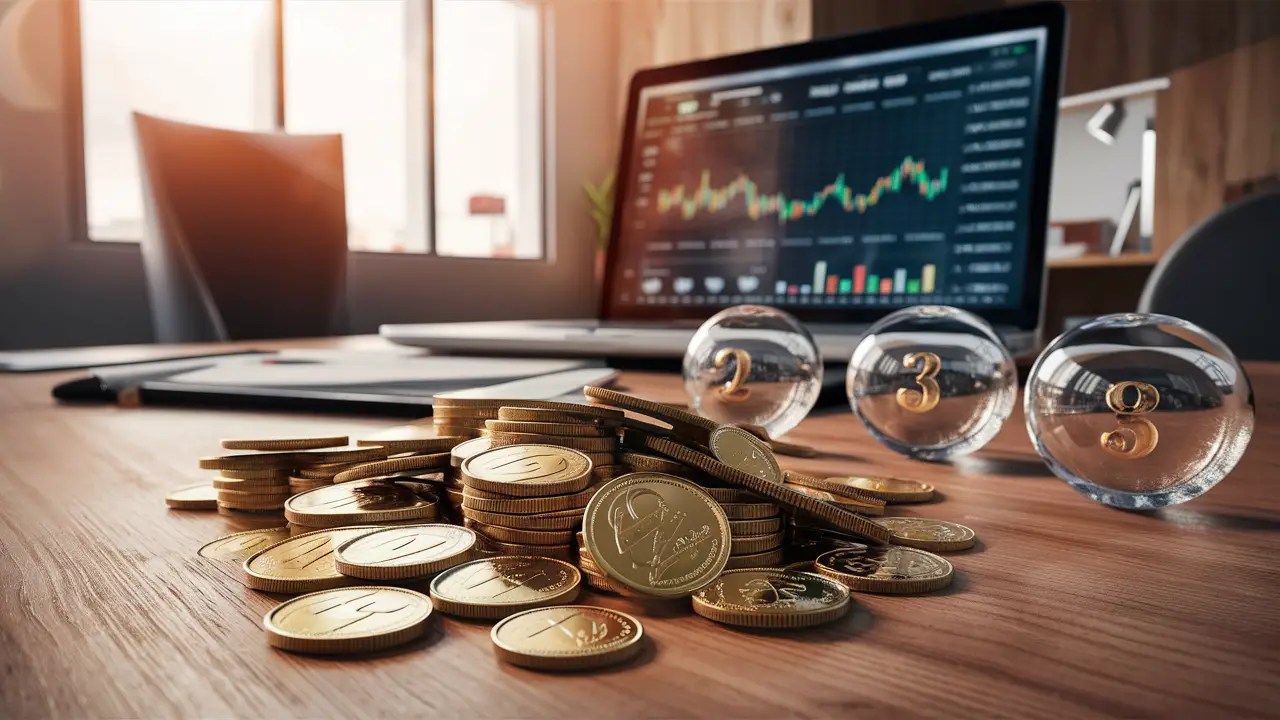 Moedas de ouro e esferas de vidro numeradas sobre uma mesa de escritório moderna com laptop exibindo gráficos financeiros.