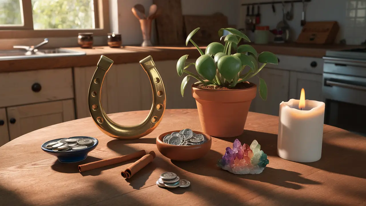 Mesa de madeira com ferradura dourada, planta de jade, moedas, pau de canela, cristais e vela acesa.