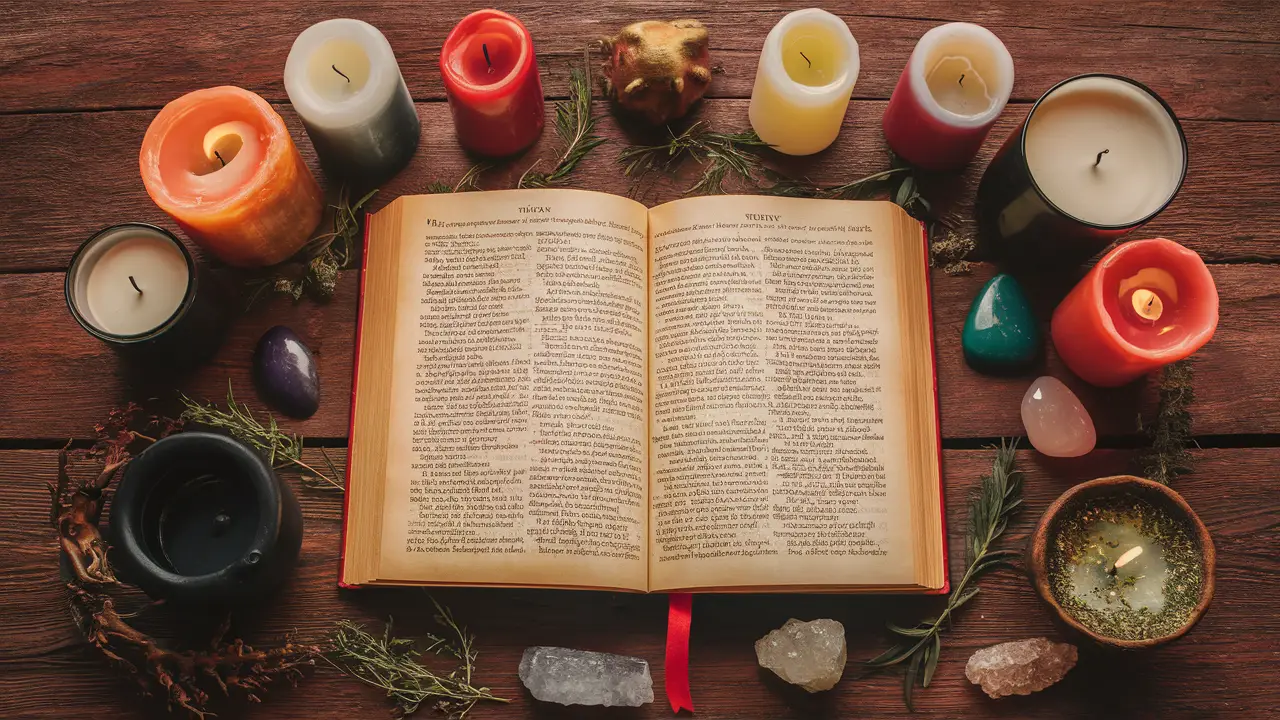 Mesa com livro de rituais Wicca, velas, caldeirão, cristais e ervas sobre fundo de madeira rústica.