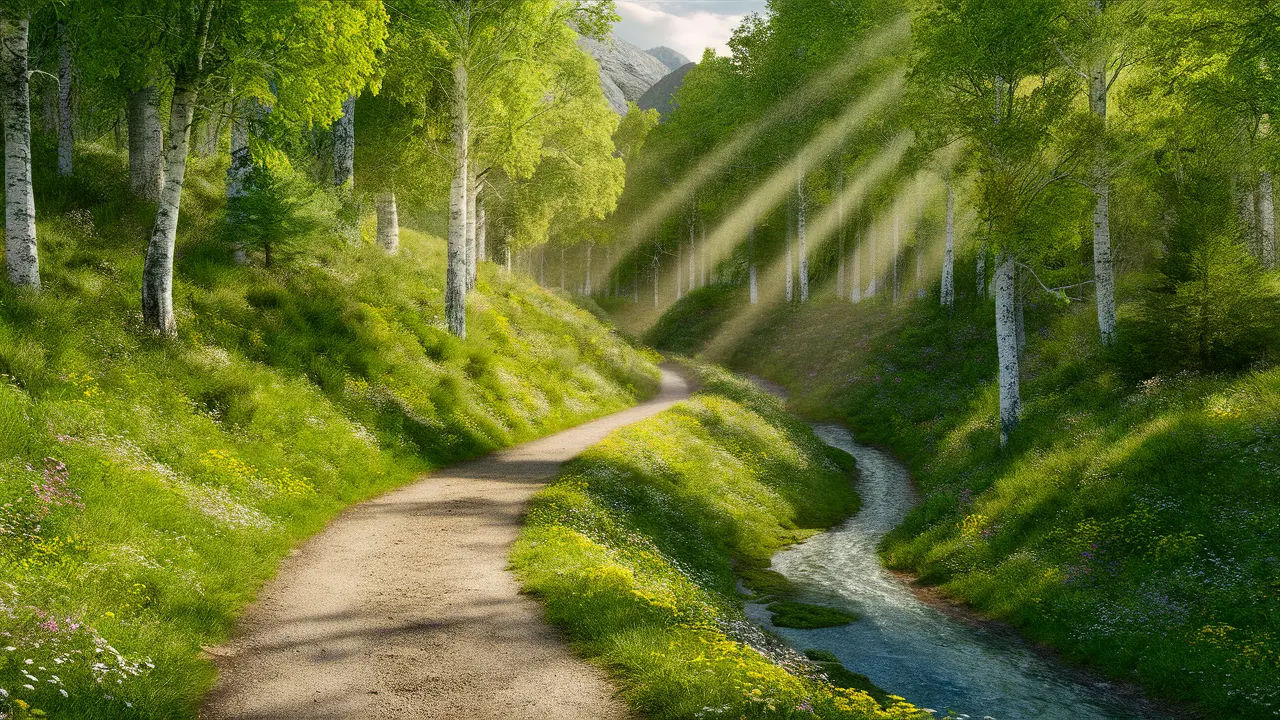 Trilha de montanha cercada por árvores verdes e flores silvestres coloridas, com luz solar filtrando pelas folhas.