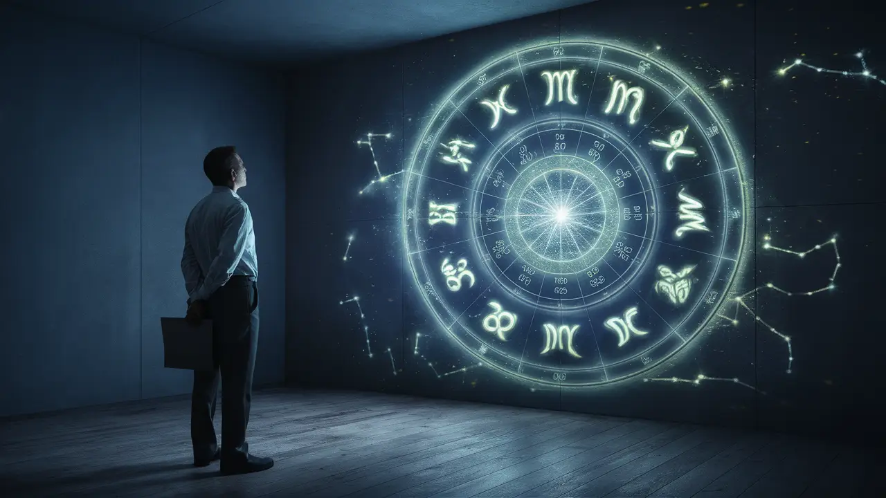 Figura em traje de negócios olhando para um mapa zodiacal brilhante projetado na parede com constelações iluminando o ambiente.