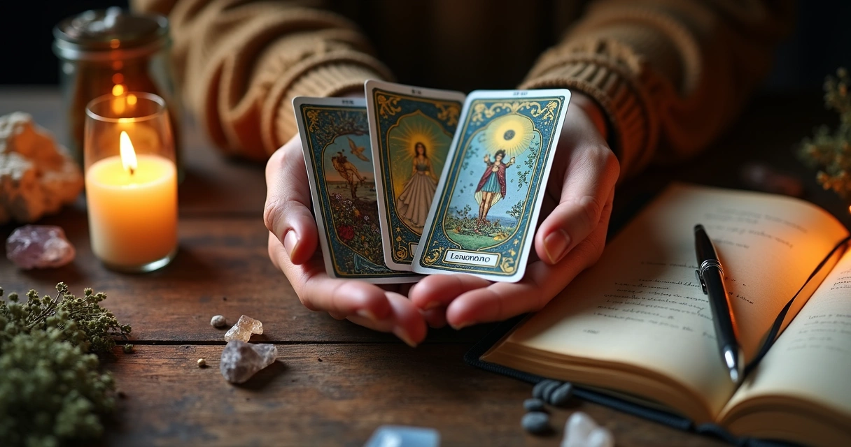 Mãos segurando cartas do baralho cigano em uma mesa de madeira com velas e cristais