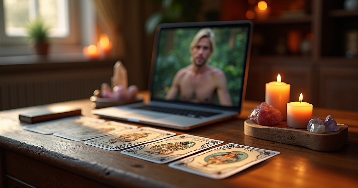 Mesa com cartas do baralho cigano dispostas em formato de tiragem em ambiente acolhedor para consulta online