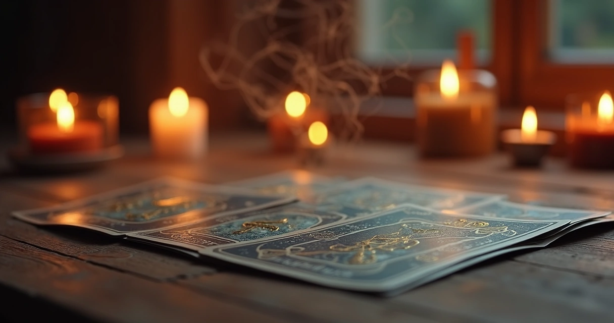 Cartas do tarot dispostas em mesa com fundo iluminado, símbolo esotérico ao redor e ambiente místico