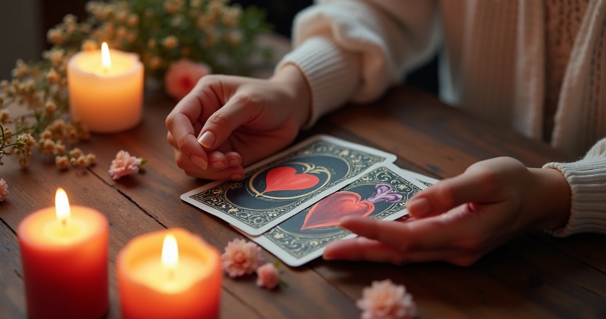 Mãos femininas segurando cartas de tarot com símbolos de corações e amor sobre mesa de madeira com velas acesas ao redor