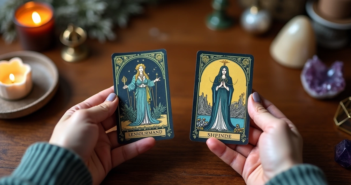 Mãos segurando cartas do tarot e baralho cigano sobre mesa de madeira com velas e cristais ao redor