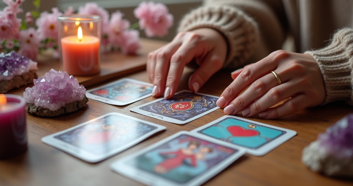 Mãos femininas escolhendo cartas do baralho cigano sobre mesa decorada com velas e cristais para consulta de amor
