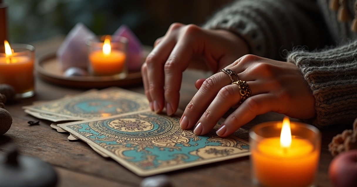 Mãos femininas escolhendo cartas do baralho cigano sobre mesa com velas acesas, ambiente espiritual e místico