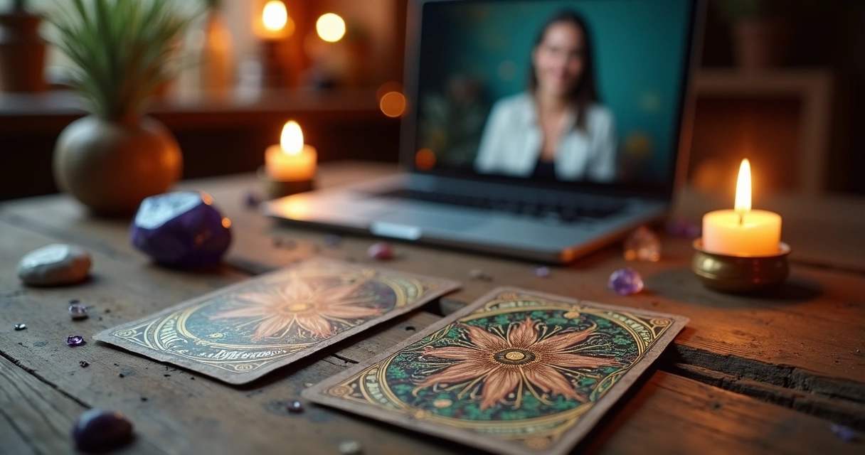 Cartas do baralho cigano dispostas em mesa com símbolos esotéricos e ambiente aconchegante para leitura online