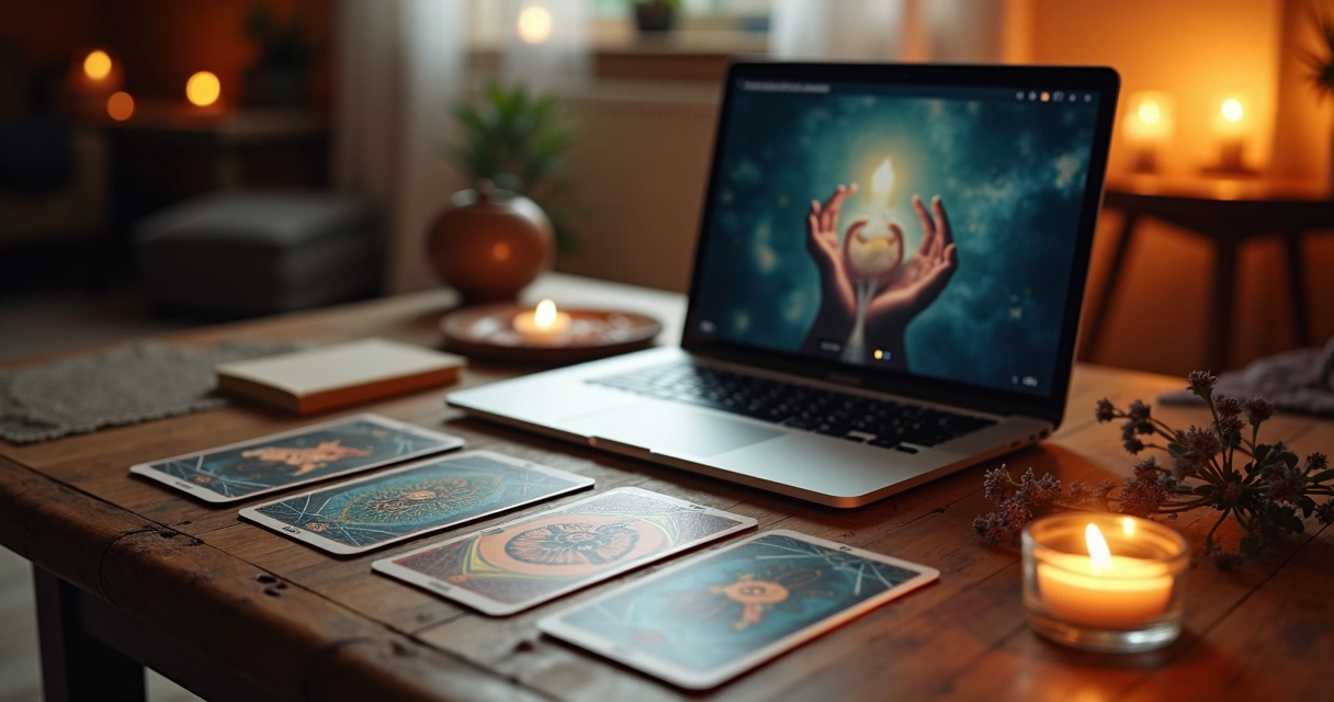 Mesa com cartas de tarot espalhadas, laptop aberto mostrando consulta online, ambiente acolhedor com vela acesa