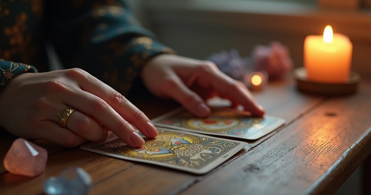 Mãos femininas segurando cartas de tarot em mesa com velas e cristais