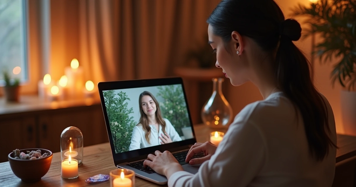 Pessoa sentada em frente a laptop durante consulta espiritual online com ambiente acolhedor e elementos esotéricos ao redor