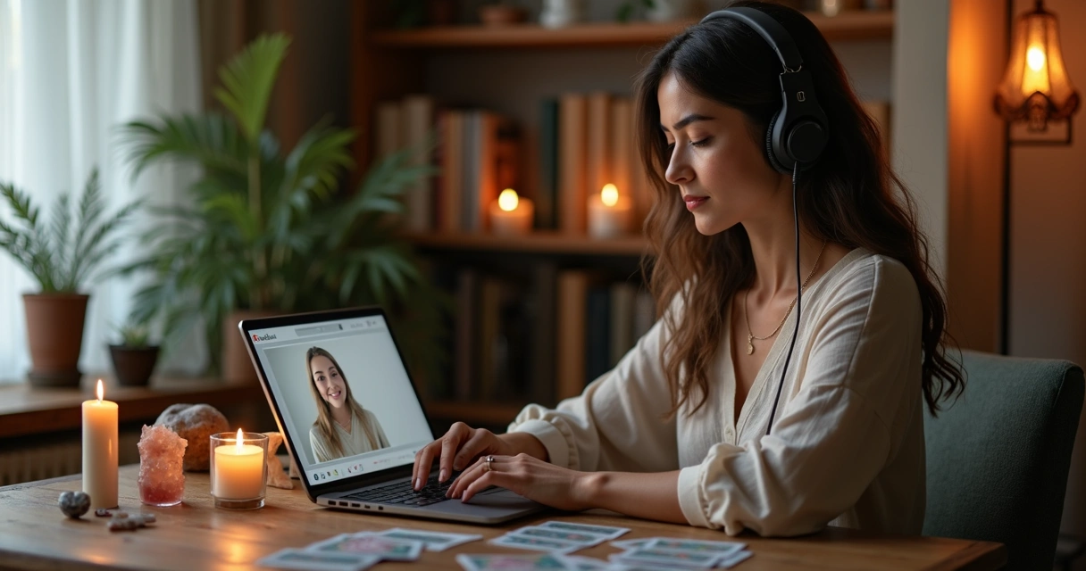 Mulher fazendo consulta espiritual online pelo computador em ambiente tranquilo com velas e cristais