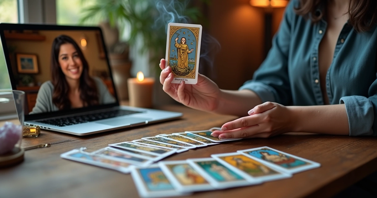 Mesa com cartas de tarot dispostas em leque, com mãos femininas segurando uma carta durante uma consulta online